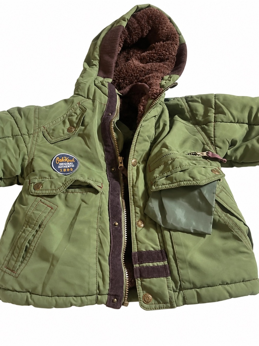 OshKosh B'gosh Olive Green Puffer Jacket with Brown Sherpa Hood